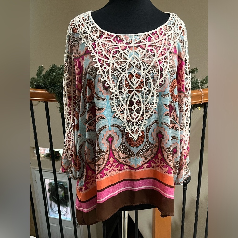 CHICOs 3/4 SLEEVES SAFARI CHIC Bohemian Crochet Detail Top/ BLOUSE WOMEN SIZE XL